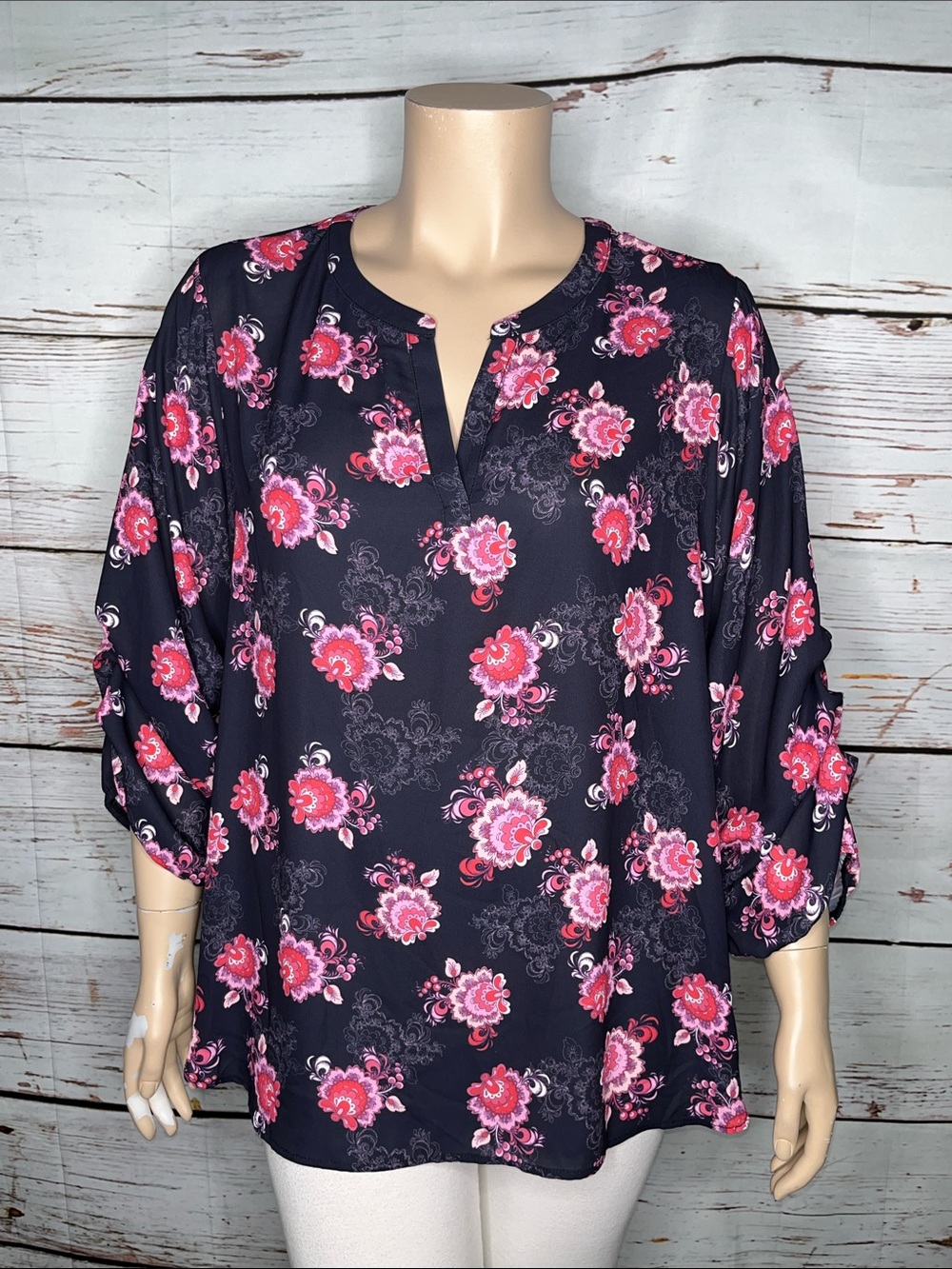 Ava James NWT 3X Navy - Pink Floral Print Split Neck Shandlar Peasant Blouse Top